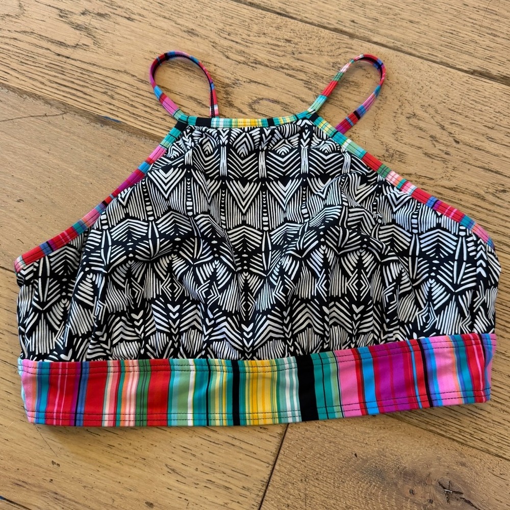 Title Nine Womens Large High Neck Halter Bikini Top Geometric Striped Multicolor